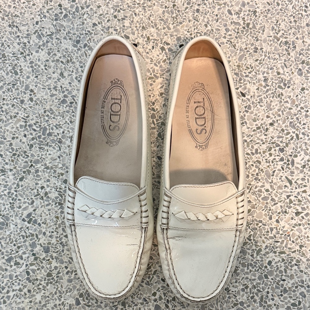 Tod's White Patent Leather Driving Loafers